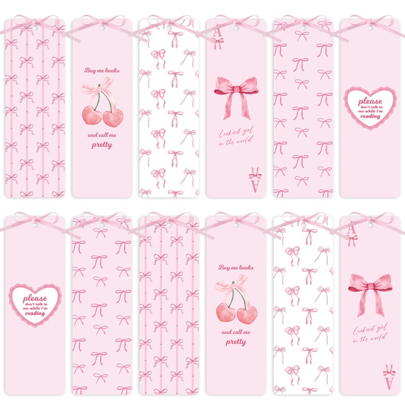 TICIAGA Coquette Pink Bow Bookmark - 12PCS Pink Bow Paper Bookmark with Ribbon for Girl Reading Lovers, Funny Girl Coquette Cherry Paper Marker Bulk Book Lovers Gifts for Women, Easter Gifts - Image 1