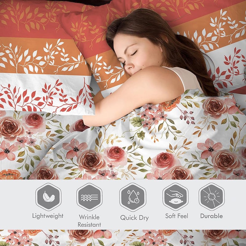 Color Sense COLOR SENSE Light Weight Durable Bedsheet Set for Single Bed 1 Wrinkle Resistant Single Bed Sheet 1 Pillow Cover Orange Size 59 x 87 inches Floral Print Orange  - Image 3