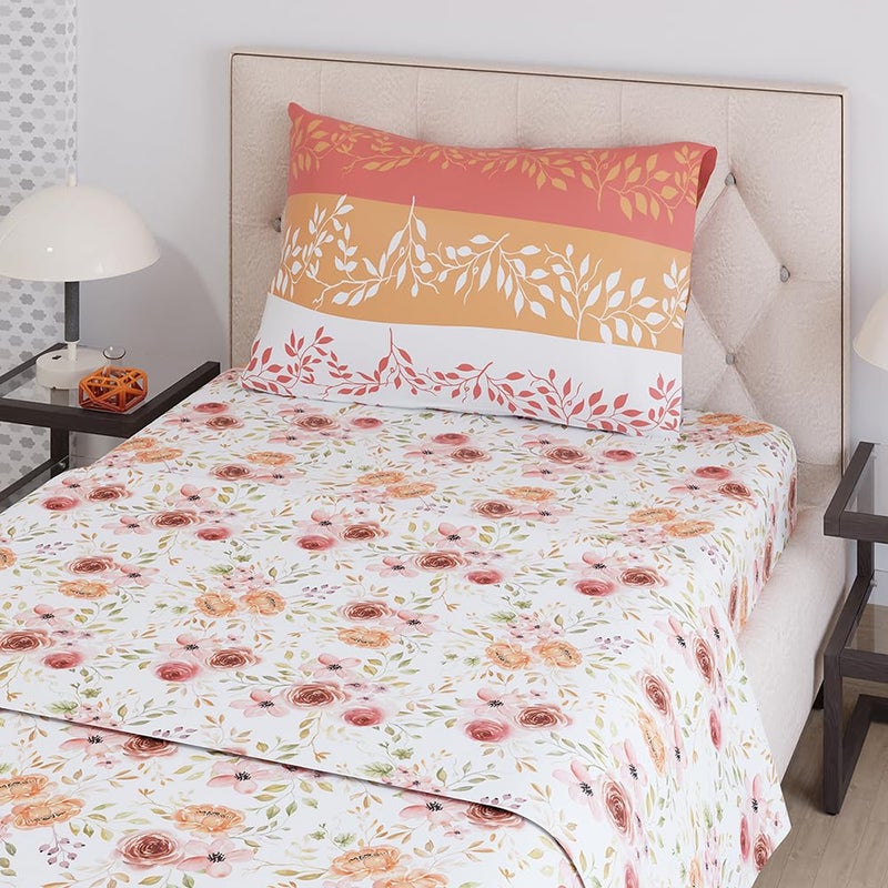 Color Sense COLOR SENSE Light Weight Durable Bedsheet Set for Single Bed 1 Wrinkle Resistant Single Bed Sheet 1 Pillow Cover Orange Size 59 x 87 inches Floral Print Orange  - Image 4