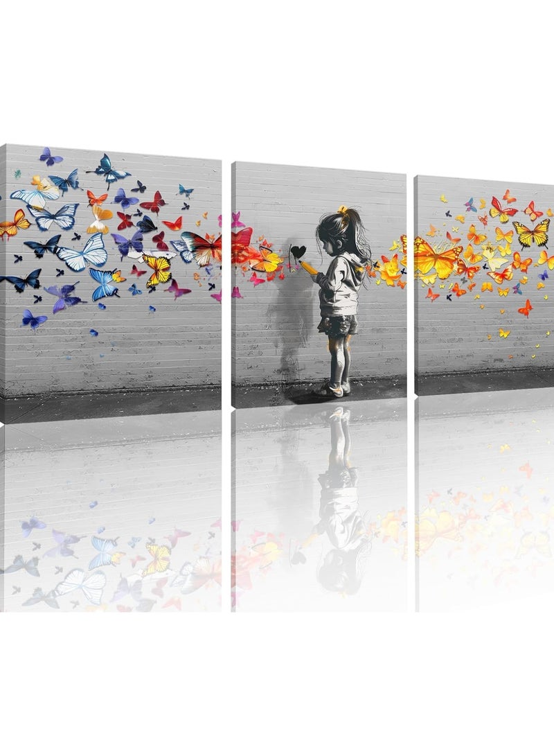 مؤسسة فكرة اليوم اليوم فكرة فتاة صغيرة فراشة الكتابة على الجدران جدار الفن 3 لوحات فن الشارع الكلاسيكي HD طباعة على قماش ديكور المنزل لغرفة المعيشة بار مكتب مؤطر جاهز للتعليق (72 واط × 36 بوصة بوصة) - Image 1