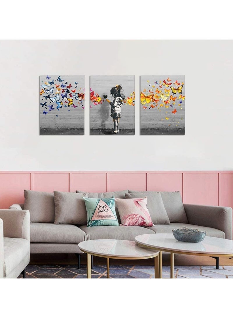 مؤسسة فكرة اليوم اليوم فكرة فتاة صغيرة فراشة الكتابة على الجدران جدار الفن 3 لوحات فن الشارع الكلاسيكي HD طباعة على قماش ديكور المنزل لغرفة المعيشة بار مكتب مؤطر جاهز للتعليق (72 واط × 36 بوصة بوصة) - Image 2