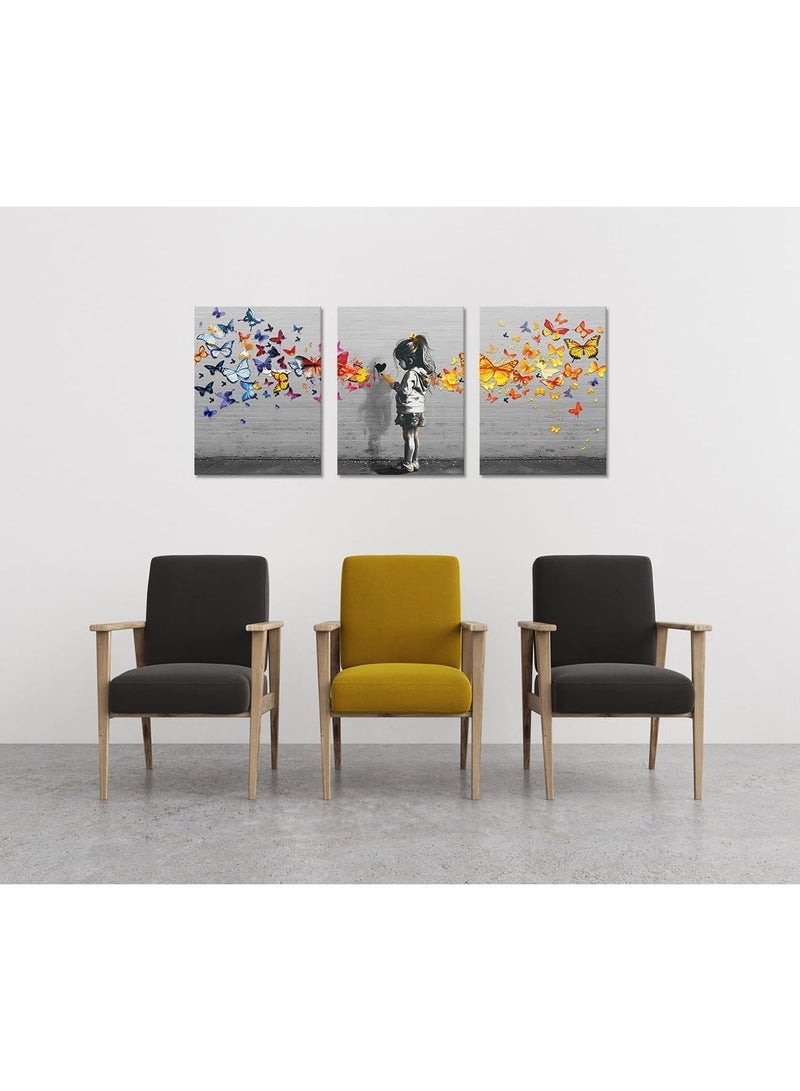 مؤسسة فكرة اليوم اليوم فكرة فتاة صغيرة فراشة الكتابة على الجدران جدار الفن 3 لوحات فن الشارع الكلاسيكي HD طباعة على قماش ديكور المنزل لغرفة المعيشة بار مكتب مؤطر جاهز للتعليق (72 واط × 36 بوصة بوصة) - Image 3