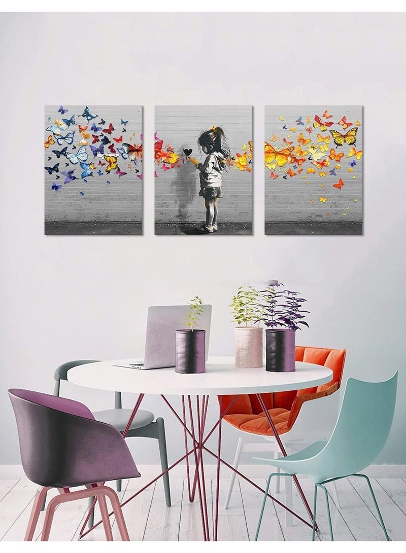 مؤسسة فكرة اليوم اليوم فكرة فتاة صغيرة فراشة الكتابة على الجدران جدار الفن 3 لوحات فن الشارع الكلاسيكي HD طباعة على قماش ديكور المنزل لغرفة المعيشة بار مكتب مؤطر جاهز للتعليق (72 واط × 36 بوصة بوصة) - Image 4