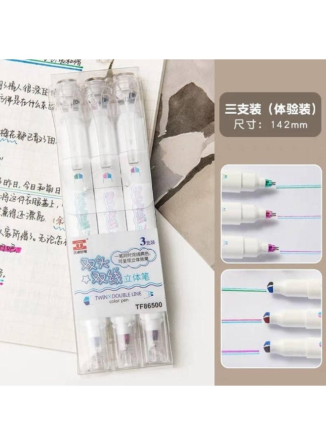 Highlighter and highlighter pen, 2 sides and 2 tips. One side has 2 thick tips, and the other side has 2 fine tips for highlighting in colors. Set includes 3 pens. - Image 1