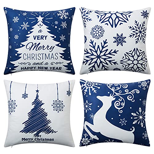 NANAN Christmas Pillow Covers 18X18 Inch Set of 4 Navy Blue Christmas Pillow Cases Snowflake Merry Christmas Holiday Pillowcases Xmas Trees Elk Deer Decorative - Image 1