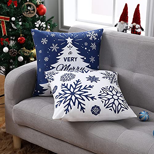 NANAN Christmas Pillow Covers 18X18 Inch Set of 4 Navy Blue Christmas Pillow Cases Snowflake Merry Christmas Holiday Pillowcases Xmas Trees Elk Deer Decorative - Image 5