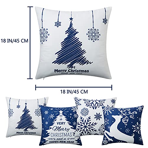 NANAN Christmas Pillow Covers 18X18 Inch Set of 4 Navy Blue Christmas Pillow Cases Snowflake Merry Christmas Holiday Pillowcases Xmas Trees Elk Deer Decorative - Image 4