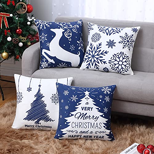 NANAN Christmas Pillow Covers 18X18 Inch Set of 4 Navy Blue Christmas Pillow Cases Snowflake Merry Christmas Holiday Pillowcases Xmas Trees Elk Deer Decorative - Image 2