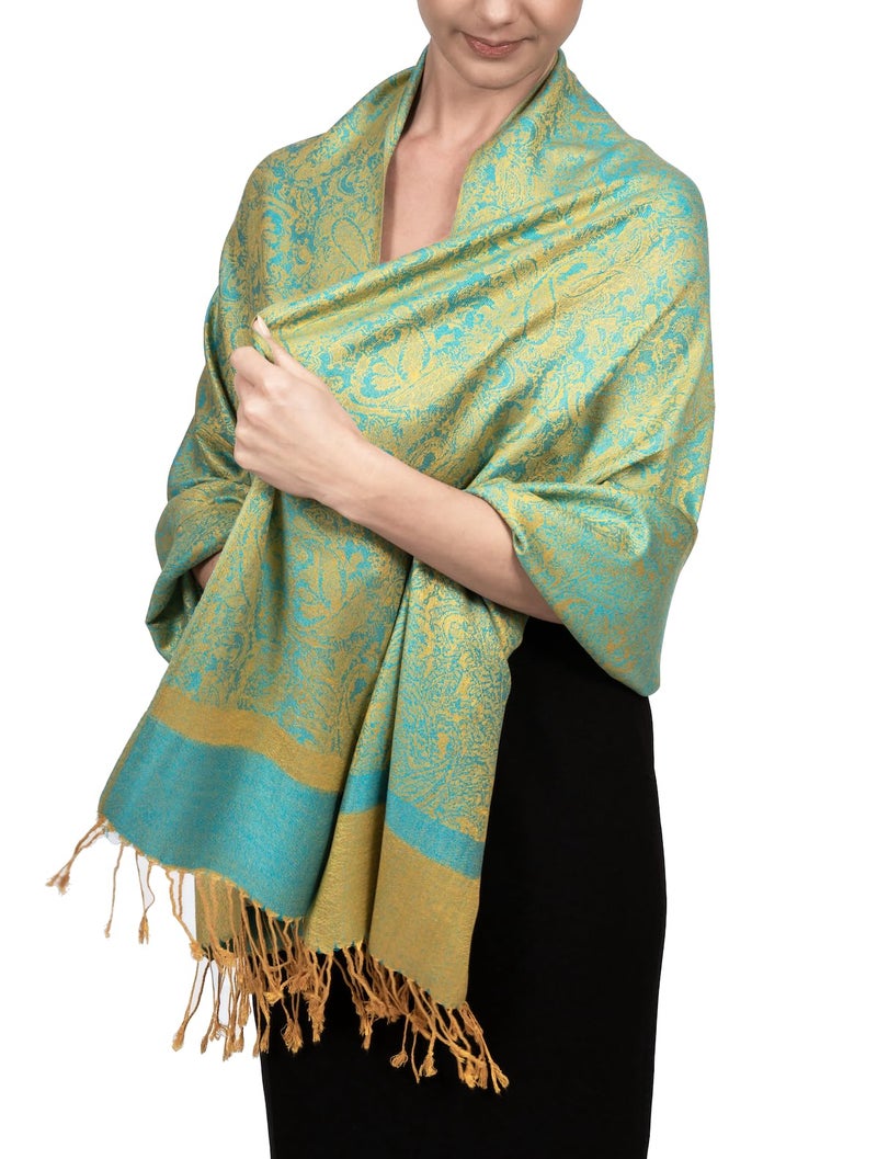 Achillea Two Tone Vintage Jacquard Paisley Pashmina Shawl Wrap Scarf (Blue Yellow) - Image 1