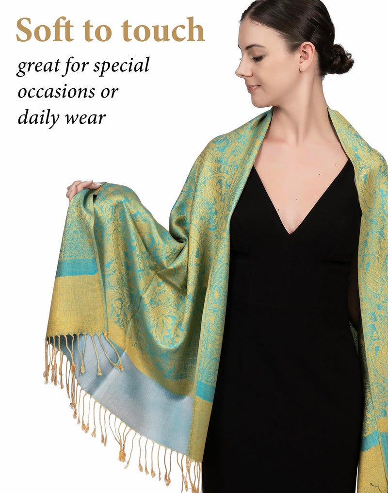 Achillea Two Tone Vintage Jacquard Paisley Pashmina Shawl Wrap Scarf (Blue Yellow) - Image 2