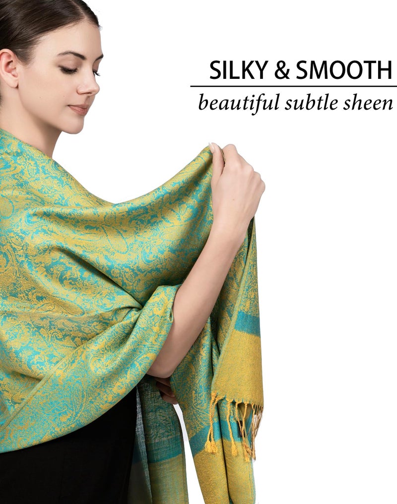 Achillea Two Tone Vintage Jacquard Paisley Pashmina Shawl Wrap Scarf (Blue Yellow) - Image 3