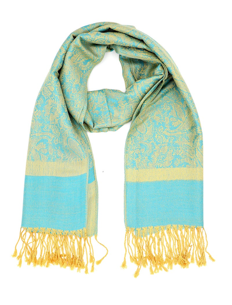 Achillea Two Tone Vintage Jacquard Paisley Pashmina Shawl Wrap Scarf (Blue Yellow) - Image 4