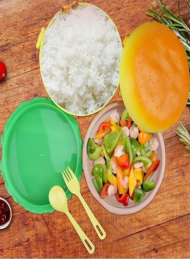 Sukee Burger Shaped Lunch Box 2 Layer Tiffin Box for Kids | School Tiffin Box for Boys & Girls Leak Proof Plastic Snacks Lunch Box with 2 Spoons for Adults and Kids - Image 2