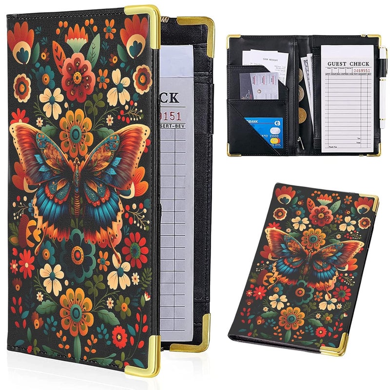 Aihonmin Butterfly Waitress Book, Flower Server Books for Waitress with Zipper Pocket, Leather Server Book, Cash Check Bill Receipt Holder Presenter, Guest Book Note Pad Waiter Accessories Fit Server Apron - Image 1