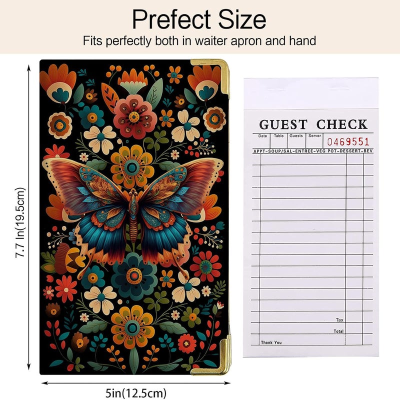 Aihonmin Butterfly Waitress Book, Flower Server Books for Waitress with Zipper Pocket, Leather Server Book, Cash Check Bill Receipt Holder Presenter, Guest Book Note Pad Waiter Accessories Fit Server Apron - Image 5