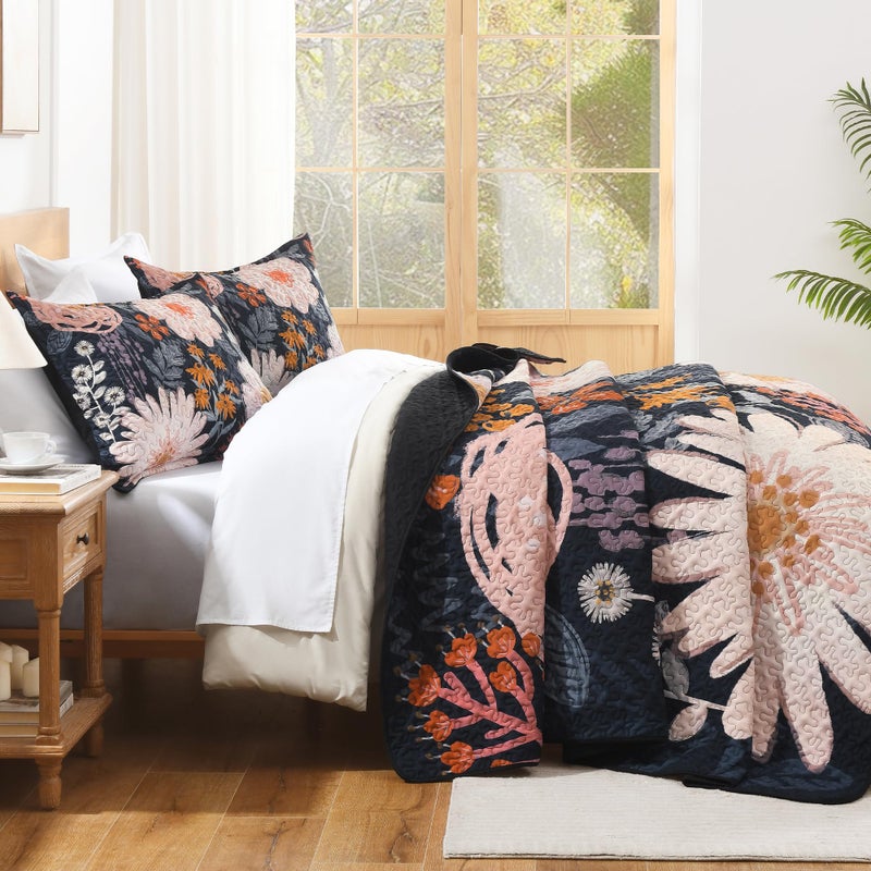 Andency Floral Boho Queen Quilt Bedding Set Black, 3 Pieces Farmhouse Flower Botanical Summer Bedspreads with 2 Shams, Soft Reversible Lightweight Microfiber Coverlet Set for All Season, 90"x96" - Image 3