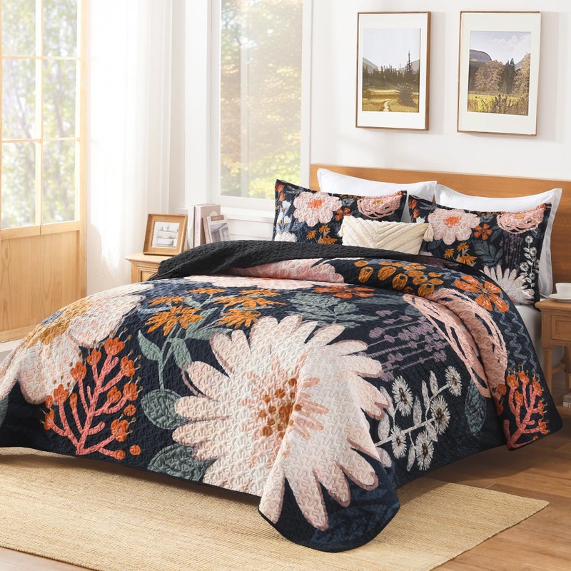 Andency Floral Boho Queen Quilt Bedding Set Black, 3 Pieces Farmhouse Flower Botanical Summer Bedspreads with 2 Shams, Soft Reversible Lightweight Microfiber Coverlet Set for All Season, 90"x96" - Image 2