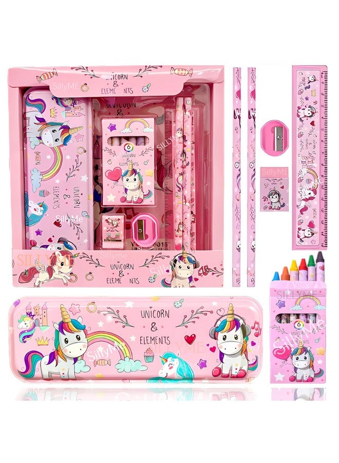 SILLYME Plastic Unicorn Stationery Set For Girls - Unicorn Set Kit Includes- Pencil Box Unicorn Theme Scale Pencil Eraser Sharpener Combo Pack For School | Birthday Gift For Girls, Pink - Image 1