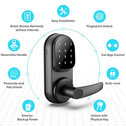 Sifely Keyless Entry Smart Lock - Fingerprint & Keypad Access, Front Door Handle, Black - Image 2