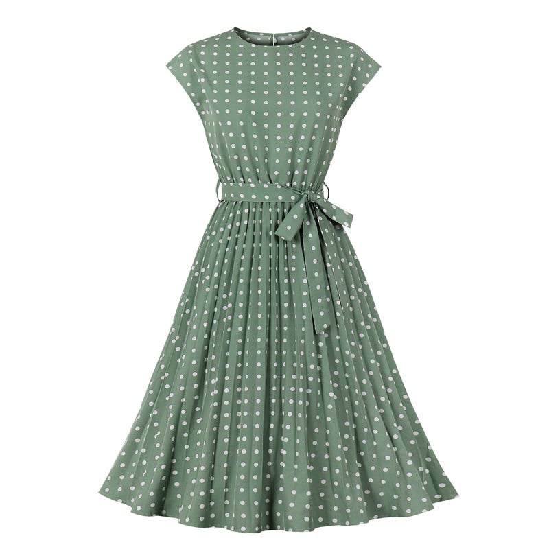 Wellwits Women's Cap Sleeves Pleated 40s 50s Vintage Dress Green Polka Dots 2XL - Image 1