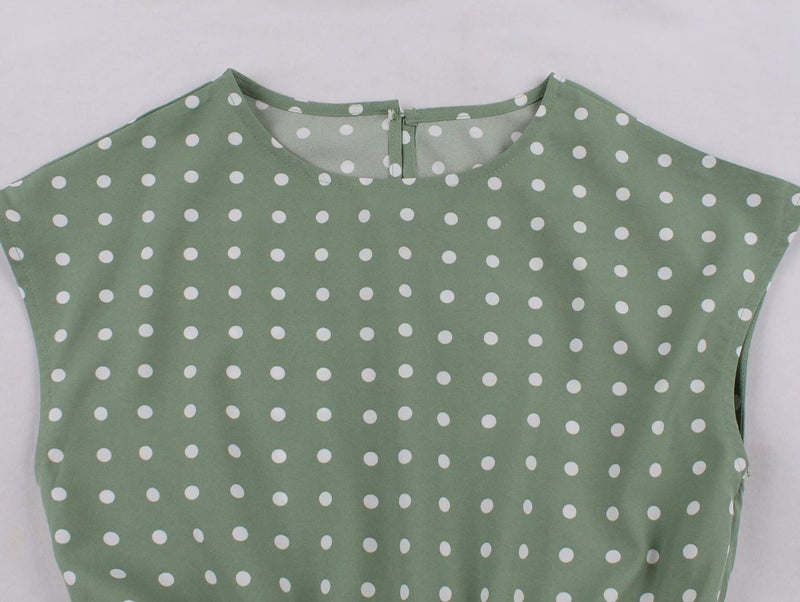 Wellwits Women's Cap Sleeves Pleated 40s 50s Vintage Dress Green Polka Dots 2XL - Image 3