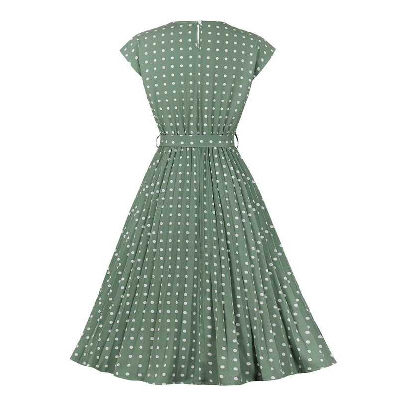 Wellwits Women's Cap Sleeves Pleated 40s 50s Vintage Dress Green Polka Dots 2XL - Image 2