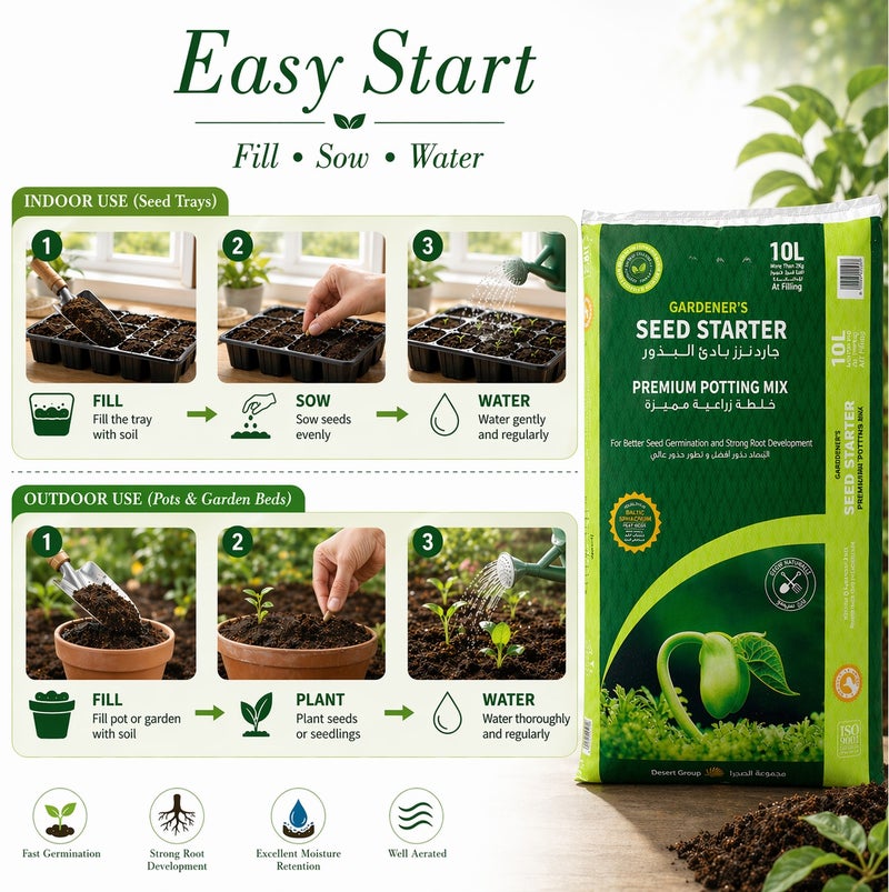 GARDENER'S خليط تربة زراعة البذور الفاخرة 10 لتر عضوي خفيف الوزن لشتلات الأعشاب والخضروات والزهور تربة غنية بالمغذيات لنمو سريع للجذور واستخدام داخلي وخارجي - Image 4