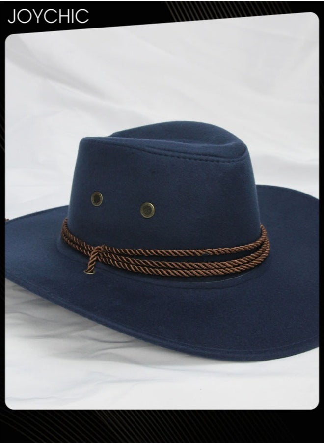 Joychic - Classic Wide Brim Sun Protection Western Cowboy Style Hat with Adjustable Drawstring for Men Outdoor Travel Camping Navy Blue - Image 1