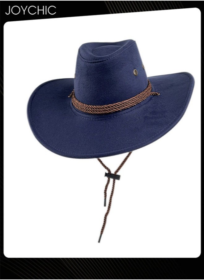 Joychic - Classic Wide Brim Sun Protection Western Cowboy Style Hat with Adjustable Drawstring for Men Outdoor Travel Camping Navy Blue - Image 1
