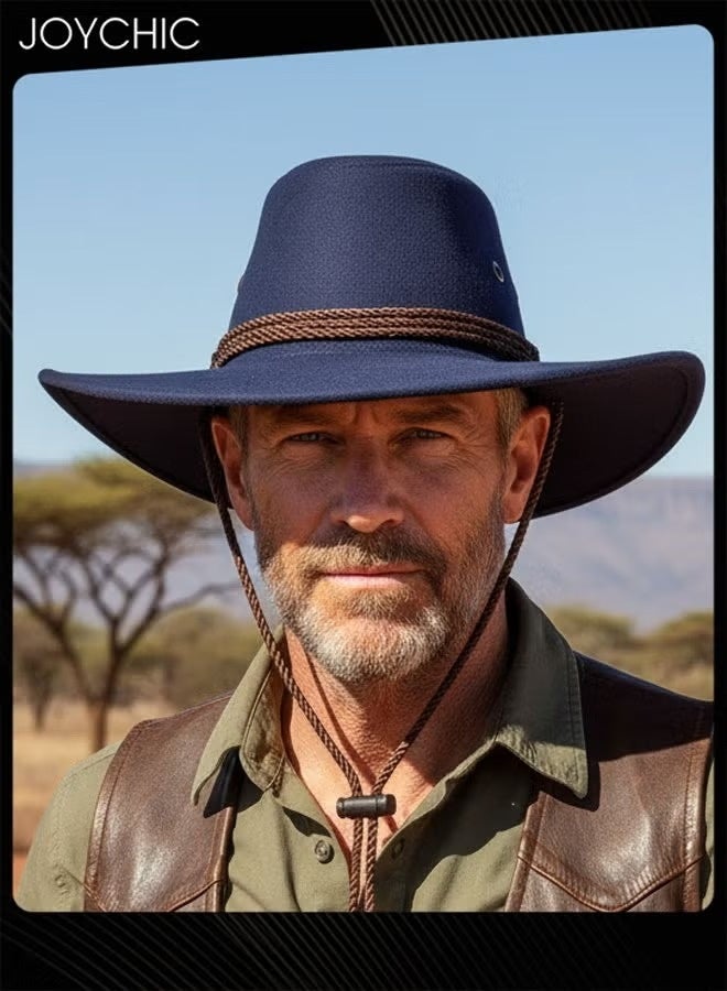 Joychic Classic Wide Brim Sun Protection Western Cowboy Style Hat with Adjustable Drawstring for Men Outdoor Travel Camping Navy Blue - Image 1