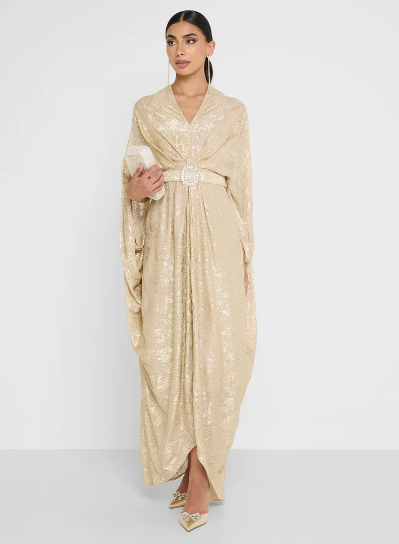 Golden Apple Wrinkle Broche Belted Dress