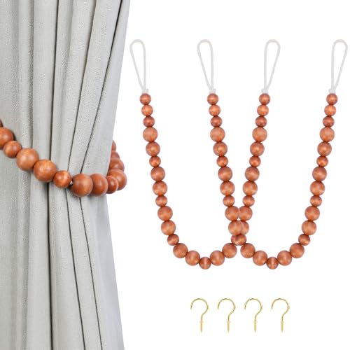 KLOGTSIND Wood Bead Curtain Tiebacks KLOGTSIND Set of 2 Curtain Holdbacks for Thin or Thick Window Draperies Boho Farmhouse Curtain Tiebacks with Hooks Curtain Tie Backs for Home Office Room Decor - Image 1