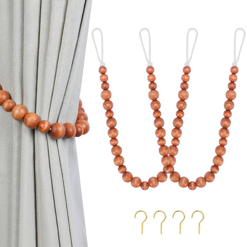 KLOGTSIND Wood Bead Curtain Tiebacks KLOGTSIND Set of 2 Curtain Holdbacks for Thin or Thick Window Draperies Boho Farmhouse Curtain Tiebacks with Hooks Curtain Tie Backs for Home Office Room Decor - Image 2