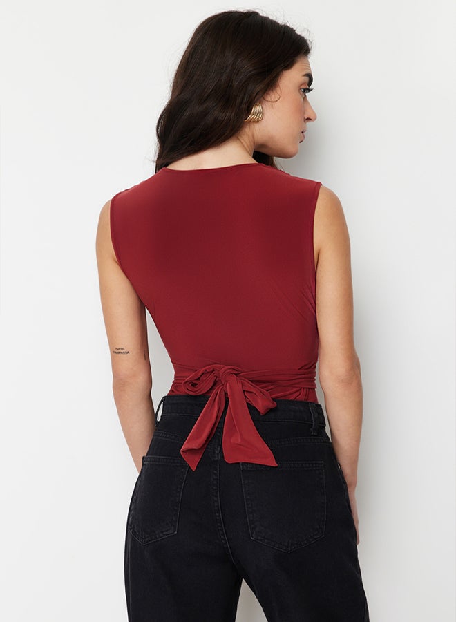 trendyol Tile Tie Detail V Neck Fitted/Sleeping Elastic Knitted Bodysuit  - Image 4