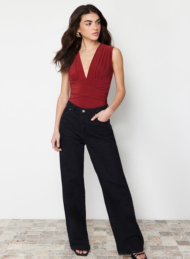 trendyol Tile Tie Detail V Neck Fitted/Sleeping Elastic Knitted Bodysuit  - Image 2