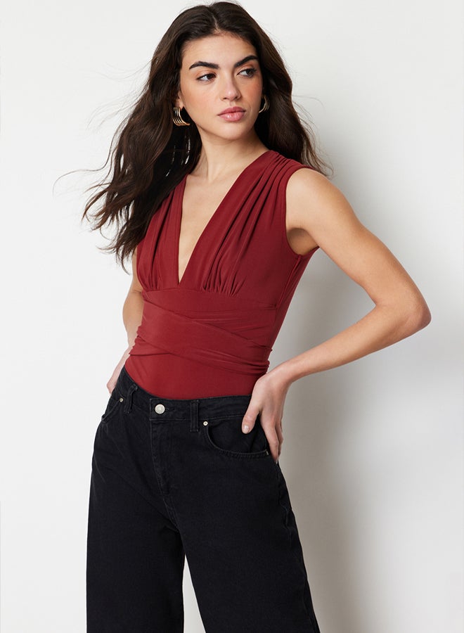 trendyol Tile Tie Detail V Neck Fitted/Sleeping Elastic Knitted Bodysuit  - Image 1