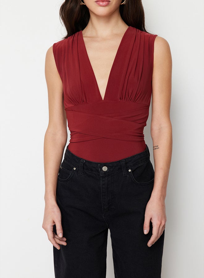 trendyol Tile Tie Detail V Neck Fitted/Sleeping Elastic Knitted Bodysuit  - Image 3
