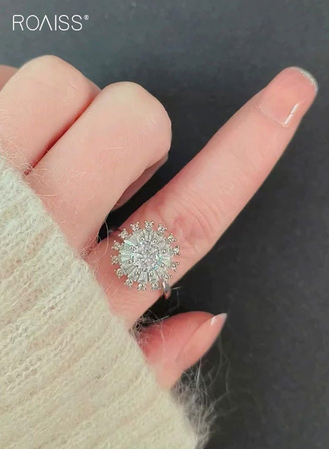 رويس خاتم نسائي قابل للتعديل، خاتم دوار مطلي بنقشة ندفة الثلج للنساء، خاتم عصري مزين بالزهور لإصبع السبابة، تصميم مفتوح قابل للتعديل، ذهب أبيض - Image 2