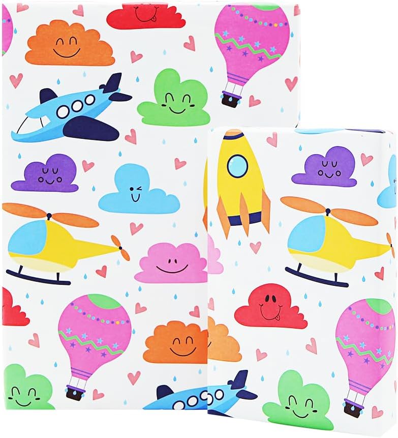 Winterworm Birthday Gift Wrapping Paper for Kids Boys GirlsAirplane Hotair Balloon Rocket Cartoon Sky Wrapping Paper 4 Folded Sheets Colorful Paper for Baby Showers Christmas Party Gift Wrap Paper2820 Inch - Image 1