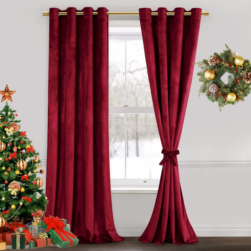 JIUZHEN Velvet Curtains 120 inches Long  Extra Long Insulated Window Covering Noise Absorbing  Privacy Protect Drapes for PartyIndoor Decorations Wine Red W52 x L120 Set of 2 with Tiebacks