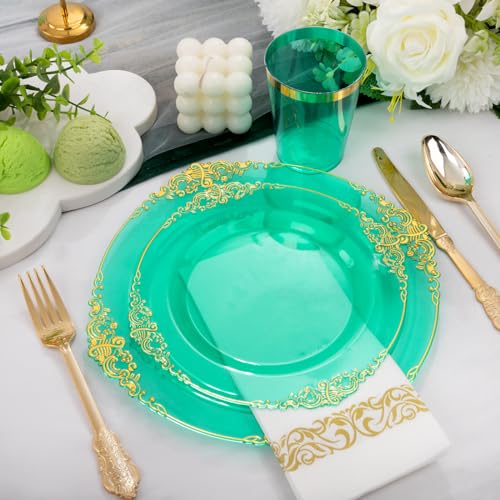 Hioasis 175pcs Clear Green Plastic Plates - Elegant Disposable Dinnerware Set Suitable for 25 Guests Include 10.25" Dinner & 7.5" Dessert Plates, Cutlery, Napkins, Cups for Party & Wedding - Image 3