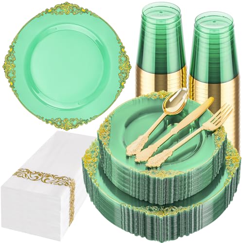 Hioasis 175pcs Clear Green Plastic Plates - Elegant Disposable Dinnerware Set Suitable for 25 Guests Include 10.25" Dinner & 7.5" Dessert Plates, Cutlery, Napkins, Cups for Party & Wedding - Image 1