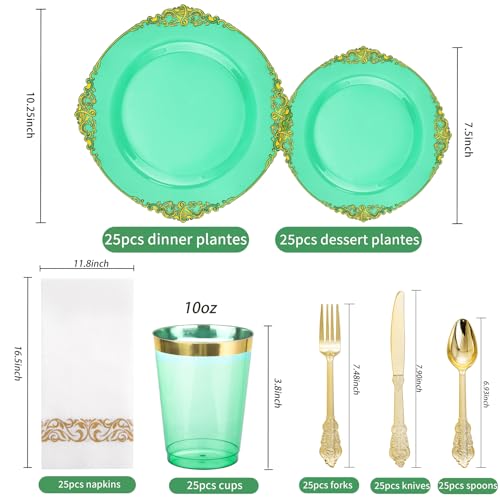 Hioasis 175pcs Clear Green Plastic Plates - Elegant Disposable Dinnerware Set Suitable for 25 Guests Include 10.25" Dinner & 7.5" Dessert Plates, Cutlery, Napkins, Cups for Party & Wedding - Image 5