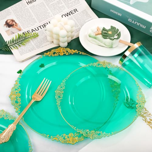 Hioasis 175pcs Clear Green Plastic Plates - Elegant Disposable Dinnerware Set Suitable for 25 Guests Include 10.25" Dinner & 7.5" Dessert Plates, Cutlery, Napkins, Cups for Party & Wedding - Image 4