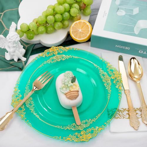 Hioasis 175pcs Clear Green Plastic Plates - Elegant Disposable Dinnerware Set Suitable for 25 Guests Include 10.25" Dinner & 7.5" Dessert Plates, Cutlery, Napkins, Cups for Party & Wedding - Image 2