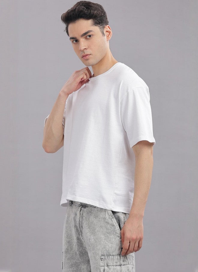 OUTLAWS Men's Solid White Round Neck Cotton Relaxed Fit T-shirt - Image 3