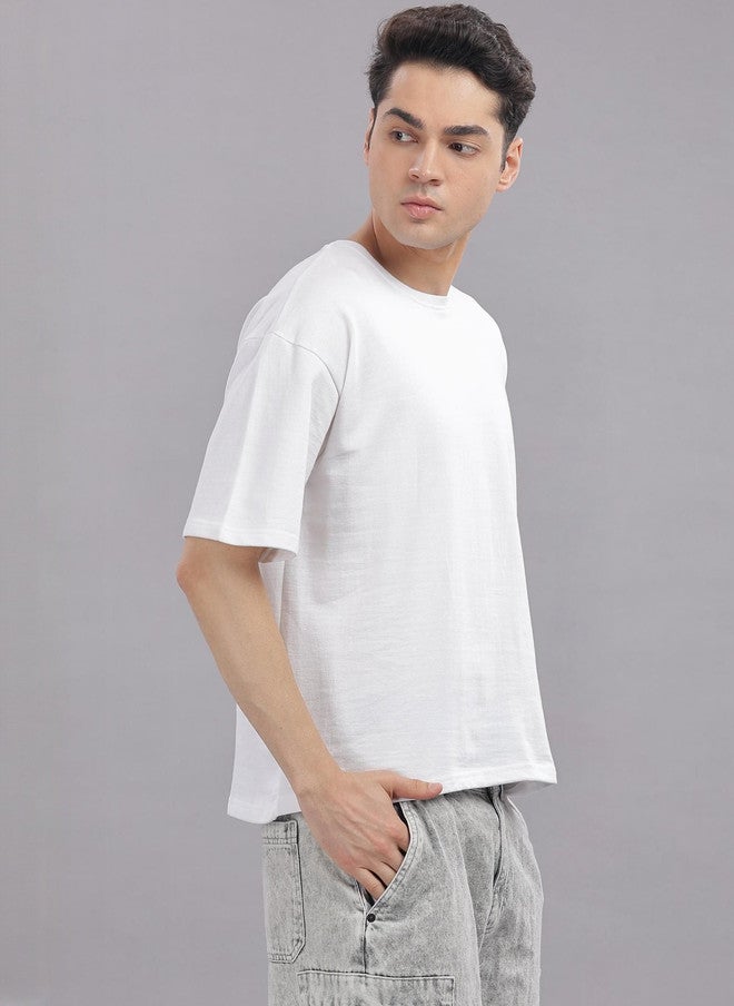 OUTLAWS Men's Solid White Round Neck Cotton Relaxed Fit T-shirt - Image 4