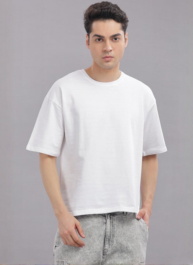 OUTLAWS Men's Solid White Round Neck Cotton Relaxed Fit T-shirt - Image 1