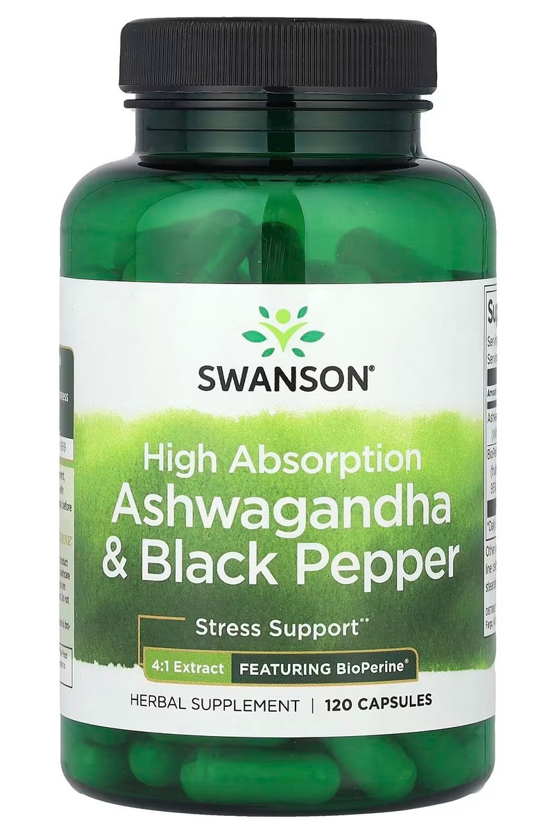 سوانسون، كبسولات أشواغاندا والفلفل الأسود عالية الامتصاص، 120 كبسولة