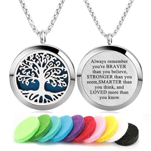 GFONDINGD Aromatherapy Essential Oil Diffuser Necklace Tree of Life Pattern Stainless Steel Locket Pendant - Image 1